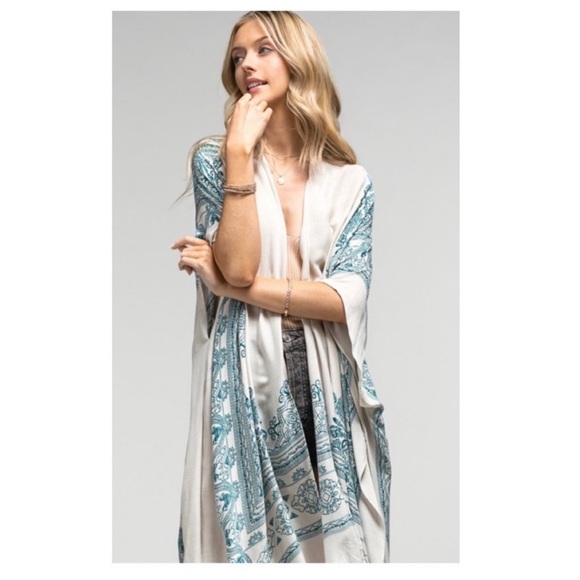 NEW Boho Mandala Teal and White Kimono - Picture 2 of 6